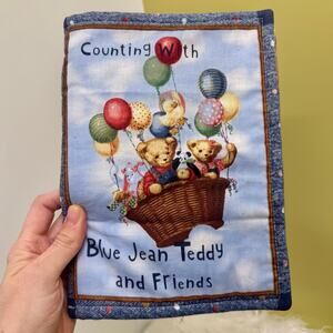VTG Blue Jean Teddy Bear Soft Cloth Baby Book Counting Numbers Retro Quilted